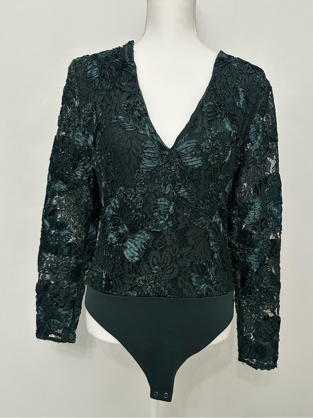 Express Dark Teal Floral Lace V-Neck Bodysuit